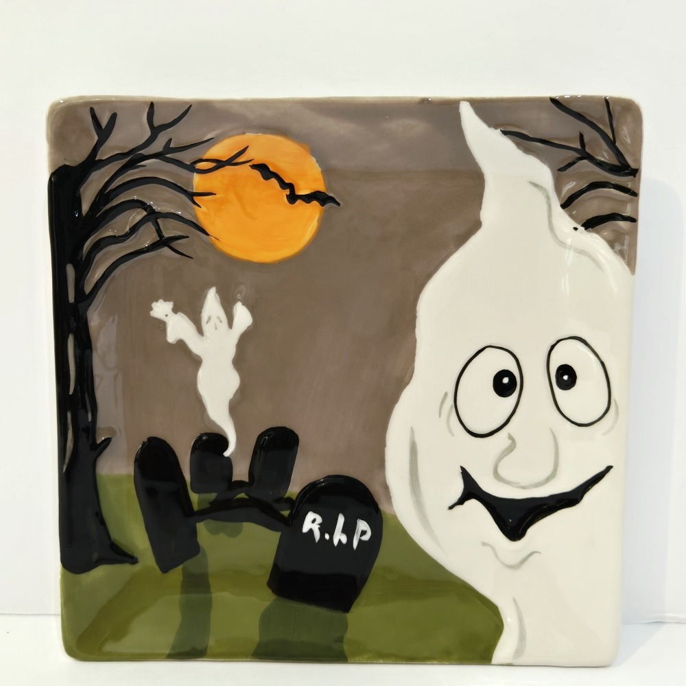 Halloween Ghosts Haunted House Bats Trinket Ceramic Dish MWW Market 4 1/2" Sq